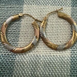 Elegant Gold and Silver Hoop Earrings, 10 karat gold tri color hoop earrings